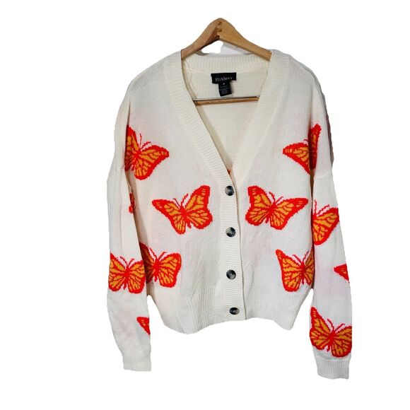 Runway Sz M Monarch Butterfly Orange White Cardigan Sweater Y2k Women's Knit - Picture 3 of 8